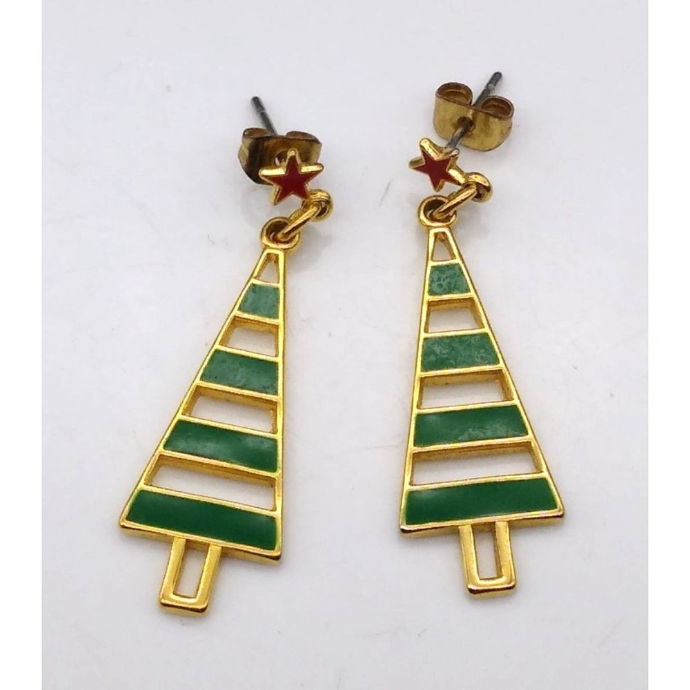 Avon Trim a Tree Dangle Earrings Vintage Book Piece, Drop Studs in Green Enamel